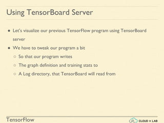 TensorFlow
Using TensorBoard Server
● Let’s visualize our previous TensorFlow program using TensorBoard
server
● We have to tweak our program a bit
○ So that our program writes
○ The graph definition and training stats to
○ A Log directory, that TensorBoard will read from
 