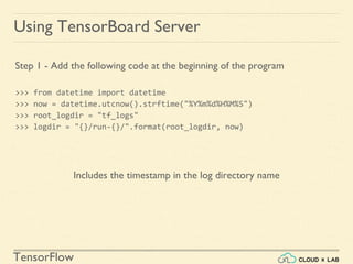 TensorFlow
Using TensorBoard Server
Step 1 - Add the following code at the beginning of the program
>>> from datetime import datetime
>>> now = datetime.utcnow().strftime("%Y%m%d%H%M%S")
>>> root_logdir = "tf_logs"
>>> logdir = "{}/run-{}/".format(root_logdir, now)
Includes the timestamp in the log directory name
 