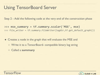 TensorFlow
Using TensorBoard Server
Step 2 - Add the following code at the very end of the construction phase
>>> mse_summary = tf.summary.scalar('MSE', mse)
>>> file_writer = tf.summary.FileWriter(logdir,tf.get_default_graph())
● Creates a node in the graph that will evaluate the MSE and
○ Write it to a TensorBoard- compatible binary log string
○ Called a summary
 