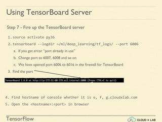 TensorFlow
4. Find hostname of console whether it is e, f, g.cloudxlab.com
5. Open the <hostname>:<port> in browser
Using TensorBoard Server
1.source activate py36
2.tensorboard --logdir ~/ml/deep_learning/tf_logs/ --port 6006
a. If you get error “port already in use”
b. Change port to 6007, 6008 and so on
c. We have opened port 6006 to 6016 in the firewall for TensorBoard
3. Find the port
Step 7 - Fire up the TensorBoard server
 