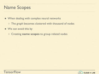 TensorFlow
Name Scopes
● When dealing with complex neural networks
○ The graph becomes cluttered with thousand of nodes
● We can avoid this by
○ Creating name scopes to group related nodes
 