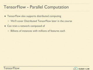 TensorFlow
TensorFlow - Parallel Computation
● TensorFlow also supports distributed computing
○ We’ll cover Distributed TensorFlow later in the course
● Can train a network composed of
○ Billions of instances with millions of features each
 