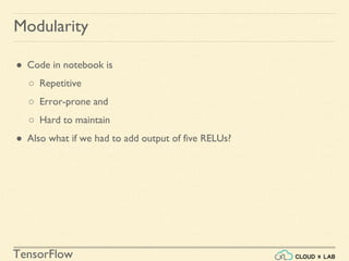 TensorFlow
Modularity
● Code in notebook is
○ Repetitive
○ Error-prone and
○ Hard to maintain
● Also what if we had to add output of five RELUs?
 