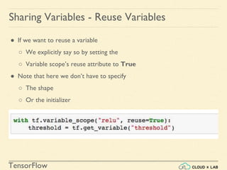 TensorFlow
● If we want to reuse a variable
○ We explicitly say so by setting the
○ Variable scope’s reuse attribute to True
● Note that here we don’t have to specify
○ The shape
○ Or the initializer
Sharing Variables - Reuse Variables
 