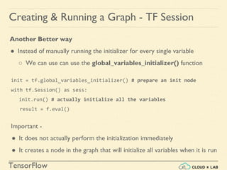TensorFlow
Creating & Running a Graph - TF Session
Another Better way
● Instead of manually running the initializer for every single variable
○ We can use can use the global_variables_initializer() function
init = tf.global_variables_initializer() # prepare an init node
with tf.Session() as sess:
init.run() # actually initialize all the variables
result = f.eval()
Important -
● It does not actually perform the initialization immediately
● It creates a node in the graph that will initialize all variables when it is run
 