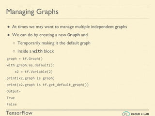 TensorFlow
Managing Graphs
● At times we may want to manage multiple independent graphs
● We can do by creating a new Graph and
○ Temporarily making it the default graph
○ Inside a with block
graph = tf.Graph()
with graph.as_default():
x2 = tf.Variable(2)
print(x2.graph is graph)
print(x2.graph is tf.get_default_graph())
Output-
True
False
 