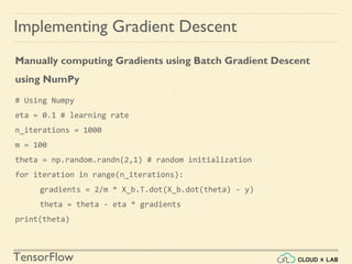 TensorFlow
Implementing Gradient Descent
Manually computing Gradients using Batch Gradient Descent
using NumPy
# Using Numpy
eta = 0.1 # learning rate
n_iterations = 1000
m = 100
theta = np.random.randn(2,1) # random initialization
for iteration in range(n_iterations):
gradients = 2/m * X_b.T.dot(X_b.dot(theta) - y)
theta = theta - eta * gradients
print(theta)
 