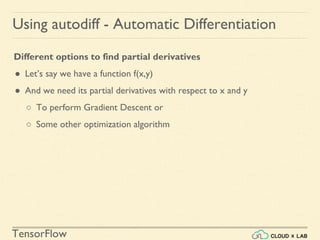 TensorFlow
Using autodiff - Automatic Differentiation
Different options to find partial derivatives
● Let’s say we have a function f(x,y)
● And we need its partial derivatives with respect to x and y
○ To perform Gradient Descent or
○ Some other optimization algorithm
 