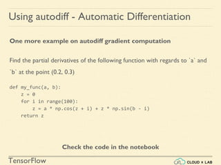 TensorFlow
Using autodiff - Automatic Differentiation
One more example on autodiff gradient computation
Find the partial derivatives of the following function with regards to `a` and
`b` at the point (0.2, 0.3)
def my_func(a, b):
z = 0
for i in range(100):
z = a * np.cos(z + i) + z * np.sin(b - i)
return z
Check the code in the notebook
 