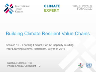 Building Climate Resilient Value Chains
Session 10 – Enabling Factors, Part IV, Capacity Building
Peer Learning Summit, Rotterdam, July 9-11 2019
Delphine Clement, ITC
Philippe Alléau, Consultant ITC
 