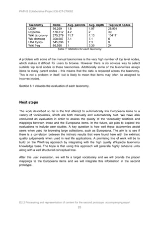 PATHS Collaborative Project EU-ICT-270082




       Taxonomy            Items       Avg. parents      Avg. depth     Top level nodes
       LCSH                99,259      1.8               1.97           28,901
       DBpedia             178,312     4.2               2              30
       Wiki taxonomy       275,379     11.7              1.13           10417
       WN domains          308,687     7.1               7.1            6
       LDA topics          545,896     1                 7.3            9
       Wiki freq           66,558      1                 3.39           24
                               Table 1: Statistics for each taxonomy


A problem with some of the manual taxonomies is the very high number of top level nodes,
which makes it difficult for users to browse. However there is no obvious way to select
suitable top level nodes in these taxonomies. Additionally some of the taxonomies assign
items to many parent nodes - this means that the data is repeated across the taxonomy.
This is not a problem in itself, but is likely to mean that items may often be assigned to
incorrect nodes.

Section 8.1 includes the evaluation of each taxonomy.




Next steps

The work described so far is the first attempt to automatically link Europeana items to a
variety of vocabularies, which are both manually and automatically built. We have also
conducted an evaluation in order to assess the quality of the vocabulary relations and
mappings between those and the Europeana items. In the future, we plan to expand the
evaluations to include user studies. A key question is how well these taxonomies assist
users when used for browsing large collections, such as Europeana. The aim is to see if
there is a correlation between the intrinsic results that were found here with the extrinsic
quality judgements when used in real life applications. A promising line of work will be to
build on the WikiFreq approach by integrating with the high quality Wikipedia taxonomy
knowledge base. The hope is that using this approach will generate highly cohesive units
along with a well structured conceptual tree.

After this user evaluation, we will fix a target vocabulary and we will provide the proper
mappings to the Europeana items and we will integrate this information in the second
prototype.




D2.2 Processing and representation of content for the second prototype: accompanying report
                                                20
 