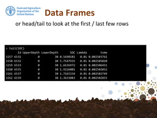 Data Frames
or head/tail to look at the first / last few rows
> tail(SOC)
Id UpperDepth LowerDepth SOC Lambda tsme
3257 6531 0 30 0.5698581 0.01 0.002503761
3258 6532 0 30 5.7547935 0.01 0.002505020
3259 6533 0 30 1.6636972 0.01 0.002506451
3260 6535 0 30 1.9226001 0.01 0.002502052
3261 6537 0 30 1.7165334 0.01 0.002502749
3262 6539 0 30 1.3633083 0.01 0.002502855
 