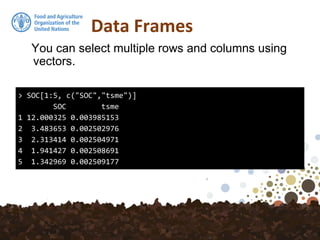 Data Frames
You can select multiple rows and columns using
vectors.
> SOC[1:5, c("SOC","tsme")]
SOC tsme
1 12.000325 0.003985153
2 3.483653 0.002502976
3 2.313414 0.002504971
4 1.941427 0.002508691
5 1.342969 0.002509177
 