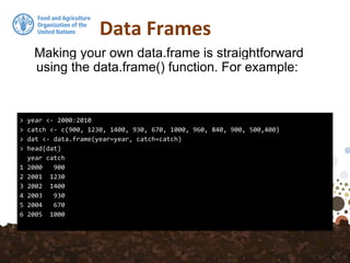 Data Frames
Making your own data.frame is straightforward
using the data.frame() function. For example:
> year <- 2000:2010
> catch <- c(900, 1230, 1400, 930, 670, 1000, 960, 840, 900, 500,400)
> dat <- data.frame(year=year, catch=catch)
> head(dat)
year catch
1 2000 900
2 2001 1230
3 2002 1400
4 2003 930
5 2004 670
6 2005 1000
 