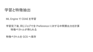 学習と特徴抽出
ML Engine で CDAE を学習
学習完了後, 同じジョブで全 Preference に対する中間層出力を計算
特徴ベクトルが得られる
特徴ベクトルを GCS へ保存
 