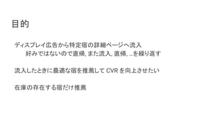 目的
ディスプレイ広告から特定宿の詳細ページへ流入
好みではないので直帰, また流入, 直帰, …を繰り返す
流入したときに最適な宿を推薦して CVR を向上させたい
在庫の存在する宿だけ推薦
 