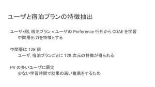 ユーザと宿泊プランの特徴抽出
ユーザ×宿, 宿泊プラン × ユーザの Preference 行列から CDAE を学習
中間層出力を特徴とする
中間層は 128 個
ユーザ, 宿泊プランごとに 128 次元の特徴が得られる
PV の多いユーザに限定
少ない学習時間で効果の高い推薦をするため
 