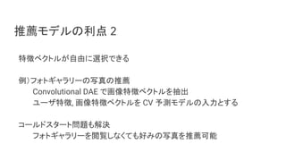 推薦モデルの利点 2
特徴ベクトルが自由に選択できる
例）フォトギャラリーの写真の推薦
Convolutional DAE で画像特徴ベクトルを抽出
ユーザ特徴, 画像特徴ベクトルを CV 予測モデルの入力とする
コールドスタート問題も解決
フォトギャラリーを閲覧しなくても好みの写真を推薦可能
 