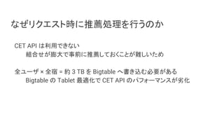 なぜリクエスト時に推薦処理を行うのか
CET API は利用できない
組合せが膨大で事前に推薦しておくことが難しいため
全ユーザ × 全宿 = 約 3 TB を Bigtable へ書き込む必要がある
Bigtable の Tablet 最適化で CET API のパフォーマンスが劣化
 