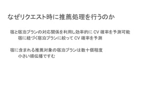 なぜリクエスト時に推薦処理を行うのか
宿と宿泊プランの対応関係を利用し効率的に CV 確率を予測可能
宿に紐づく宿泊プランに絞って CV 確率を予測
宿に含まれる推薦対象の宿泊プランは数十個程度
小さい順伝播ですむ
 
