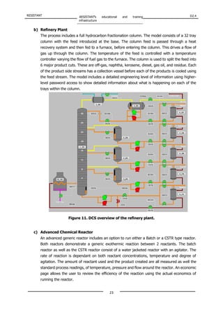 RESISTANT RESISTANT’s educational and training
infrastructure
D2.4
23
b) Refinery Plant
The process includes a full hydrocarbon fractionation column. The model consists of a 32 tray
column with the feed introduced at the base. The column feed is passed through a heat
recovery system and then fed to a furnace, before entering the column. This drives a flow of
gas up through the column. The temperature of the feed is controlled with a temperature
controller varying the flow of fuel gas to the furnace. The column is used to split the feed into
6 major product cuts. These are off-gas, naphtha, kerosene, diesel, gas oil, and residue. Each
of the product side streams has a collection vessel before each of the products is cooled using
the feed stream. The model includes a detailed engineering level of information using higher-
level password access to show detailed information about what is happening on each of the
trays within the column.
Figure 11. DCS overview of the refinery plant.
c) Advanced Chemical Reactor
An advanced generic reactor includes an option to run either a Batch or a CSTR type reactor.
Both reactors demonstrate a generic exothermic reaction between 2 reactants. The batch
reactor as well as the CSTR reactor consist of a water jacketed reactor with an agitator. The
rate of reaction is dependant on both reactant concentrations, temperature and degree of
agitation. The amount of reactant used and the product created are all measured as well the
standard process readings, of temperature, pressure and flow around the reactor. An economic
page allows the user to review the efficiency of the reaction using the actual economics of
running the reactor.
 