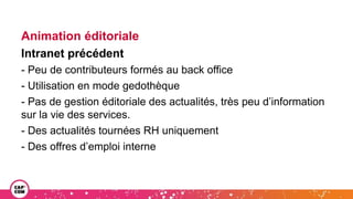 Animation éditoriale
Intranet précédent
- Peu de contributeurs formés au back office
- Utilisation en mode gedothèque
- Pas de gestion éditoriale des actualités, très peu d’information
sur la vie des services.
- Des actualités tournées RH uniquement
- Des offres d’emploi interne
 