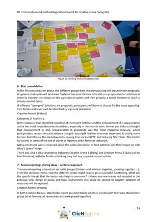 D2.1 Conceptual and methodological framework for creative arena (living lab)
24
Figure 10: Ranking measures effectiveness
6. First consolidation
In this first consolidation phase, the different groups from the previous step will present their proposals.
A systemic meta-plan will be drawn. Systemic because the idea is to add on a proposal other solutions in
order to increase the impact on the agricultural system and then propose a better solution to reach a
climate neutral farms.
If different “divergent” solutions are proposed, participants will have to choose for the most appealing.
First breaks and levers will be identified by a genera discussion.
Creative Arena’s (Ireland)
Outcomes of Activity 1.
Both creative arenas identified reduction of chemical N fertiliser and the enhancement of C sequestration
as the two most important areas to address, especially in the shorter term. Farmer and Industry thought
that measurement of SOC sequestration in grasslands was the most impactful measure, whilst
policymakers, researchers and advisors thought reducing N fertiliser was most important. Crucially, many
farmers failed to see the link between increasing lime use (and P/K) and reducing N fertiliser. The link for
far clearer in terms of the use of clover or legumes and N fertiliser reduction.
Many processors were concerned about the public perception of feed additives and their impact on Irish
dairy’s ‘green’ image.
There was also a clear divergence between Creative Arena 1 (Dairy) and Creative Arena 2 (dairy calf to
beef finishers), with the finishers thinking they had less scope to reduce as their
7. Second opening: sharing ideas – sectorial approach
The second opening is based on sectorial groups (farmers and advisors together, sourcing together, …).
From the previous choice, how the different sector might help to get a successful functioning. What are
the specific breaks that the sector may help to overcome? Is there any new breaks not revealed in the
previous step. Range of policy and fiscal instruments that could be utilised to support adoption of
measures will be explored.
Creative Arena’s (Ireland)
In both Creative Arena’s, stakeholders were placed at tables which co-incided with their own stakeholder
group (ie all farmers, all researchers etc were placed together).
 