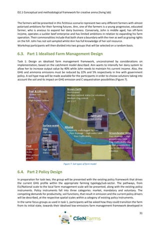 D2.1 Conceptual and methodological framework for creative arena (living lab)
31
The farmers will be presented in this fictitious scenario represent two very different farmers with almost
polarised ambitions for their farming futures. Ann, one of the farmers is a young progressive, educated
farmer, who is anxious to expand her dairy business. Conversely, John is middle aged, has off-farm
income, operates a suckler beef enterprise and has limited ambitions in relation to expanding his farm
operation. Their commonalities include that both share a boundary with the river as well as grazing rights
on the hill. John has not soil sampled whilst Ann has full knowledge of her soil resource.
Workshop participants will then divided into two groups that will be selected on a random basis.
6.3. Part 1 Idealised Farm Management Design
Task 1: Design an idealised farm management framework, unconstrained by considerations on
implementation, based on the catchment model described. Ann wants to intensify her dairy system to
allow her to increase output value by 40% while John needs to maintain his current income. Also, the
GHG and ammonia emissions must be reduced by 22% and 5% respectively in line with government
policy. A soil type map will be made available for the participants in order to choose solutions taking into
account the soil and its impact on GHG emission and C sequestration possibilities (Figure 7).
Figure 7: Soil types of farm model
6.4. Part 2 Policy Design
In preparation for task two, the group will be presented with the existing policy framework that drives
the current GHG profile within the appropriate farming typology/sub-sector. The pathways, from
EU/National scale to the local farm management scale will be presented, along with the existing policy
instruments. Policy instruments fall into three categories: market, mandatory and voluntary. The
competing demands for productivity, soil functions, that result in emission and the current policy drivers
will be described, at the respective spatial scales within a category of existing policy instruments.
In the same focus groups as used in task 1, participants will be asked how they could transition the farm
from its initial state, towards their idealised low-emissions farm management framework developed in
 