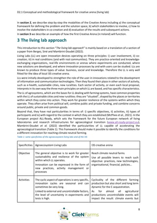 D2.1 Conceptual and methodological framework for creative arena (living lab)
8
In section 2, we describe step-by-step the modalities of the Creative Arena including a) the conceptual
framework for defining the problem and the solution space, b) which stakeholders to involve, c) how to
involve the stakeholders in co-creation and d) evaluation of the results and subsequent actions.
In section 3 we describe an example of how the first Creative Arena (in Ireland) will function.
3 The living lab approach
This introduction to this section “The living lab approach” is mainly based on a translation of a section of
a paper from Bergez, Siné and Mambrini-Doudet (2022).
Living Labs (LL) are open innovation devices operating on three principles: i) user involvement, ii) co-
creation, iii) in real conditions (and with real communities). They are practice-oriented and knowledge-
exchanging organizations, real-life environments or arenas where experiments are conducted, where
new solutions are developed, and where innovation processes by and with users can be studied. LLs are
known to produce three types of value: business, social and knowledge. Therefore the LL is very well
fitted for the idea of local I3S creative arena.
LLs were initially developed to strengthen the role of the user in innovations related to the development
of information and communication technologies. Then they found their place in other sectors of activity,
such as e-health, sustainable cities, new ruralities. Each sector of activity, or even each local proposal,
interprets in its own way the three main principles on which LL are based, and has specific characteristics.
The LL of agrosystems, which are the bases for LL dealing with farming systems, have common properties
with the LL of sustainable cities and new ruralities: they are “situated”, shaped by the places or territories
within which they come into action. They work for greater resilience of the systems within which they
operate. They often arise from political will, combine public and private funding, and combine concerns
around public, private and common goods.
Beyond that, they have real particularities in terms of: i) specific objectives, ii) activities, iii) types of
participants and iv) with regard to the context in which they are established (McPhee et al., 2021). In the
European project ALL-Ready, which sets the framework for the future European network of living
laboratories and research infrastructures for agroecological transition (www.all-ready-project.eu),
Mambrini-Doudet et al. (2022) identified the particularities of LL capable of accelerating the
agroecological transition (Table 1). This framework should make it possible to identify the conditions for
a different innovation for reaching climate neutral farming.
Table 1: some specificities of the agroecosystem living labs and of the I3S
Specificities Agroecosystem Living Labs I3S creative arena
Objective The general objective is to work for greater
sustainability and resilience of the system
within which LL operates.
Innovation can be expressed in the form of
new practices, activity management or
processes
Reach climate neutral farms
Use all possible levers to reach such
objective: practices, new technologies,
organisational, financial, policies…
Activities The cyclic aspect of operations is very specific,
innovation cycles are seasonal and can
sometimes be very long.
Linked to external and uncontrollable factors,
the level of uncertainty in experiments and
tests is high.
Cyclicality of the different farming
production but also short and long term
dynamic for the C sequestration.
As for almost all agricultural
productions uncontrollable events will
impact the result: climate events but
 