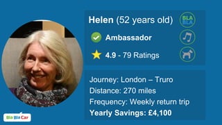 Helen (52 years old)
Ambassador
4.9 - 79 Ratings
Journey: London – Truro
Distance: 270 miles
Frequency: Weekly return trip
Yearly Savings: £4,100
 