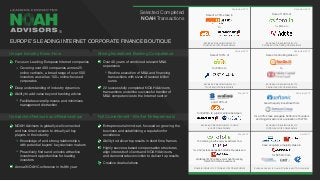 Focus on Leading European Internet companies
Covering over 400 companies across 25
online verticals, a broad range of over 500
investors as well as 100+ online-focused
corporates
Deep understanding of industry dynamics
Ability to add value beyond banking advice
Facilitates overall process and minimizes
management distraction
NOAH Advisors is globally well connected
and has direct access to virtually all key
players in the industry
Knowledge of and strong relationships
with potential buyers’ key decision makers
Proactively finds and unlocks attractive
investment opportunities for leading
investors
Annual NOAH Conference in its 8th year
Over 40 years of combined relevant M&A
experience
Routine execution of M&A and financing
transactions with sizes of several billion
euros
22 successfully completed NOAH Advisors
transactions underline successful transfer of
M&A competencies to the Internet sector
Entrepreneurial mind-set, focused on growing the
business and establishing a reputation for
excellence
Ability to deliver top results in short time frames
Highly success-based compensation structures
align interests of clients and NOAH Advisors,
and demonstrate conviction to deliver top results
Creative deal solutions
September 2015 December 2014
September 2014October 2014
May 2014 February 2013
May 2012 April 2011
Sale of a 70% stake in
to
Exclusive Financial Advisor to
Drushim and its Shareholders
Sale of 100% of
for $800m to
Exclusive Financial Advisor to
Fotolia and the Selling Shareholders
Sale of 100% of
for €80m to
Exclusive Financial Advisor to
Trovit and its Shareholders
Sale of controlling stake in
to
Exclusive Financial Advisor to
Facile.it and its Shareholders
sold 100% of
for $228m to a joint venture between
Exclusive Financial Advisor to Yad2
and its Shareholders
Growth equity investment from
for a 30% stake alongside Softonic’s Founders
and Angel Investors at a valuation of €275m
Exclusive Financial Advisor to
Softonic and its shareholders
150 million growth equity investment from
for a 50% stake alongside Fotolia’s Founders and
Additional $150 million senior debt financing
Total $300 million investment
Financial Advisor to Fotolia and its Shareholders
have acquired a majority stake in
for $350m from
Exclusive Advisor to Summit Partners and TA Associates
Selected Completed
NOAH Transactions
Unique Industry Know-How
Unmatched Network and Relationships
Strong Investment Banking Competence
Full Commitment - We Are Entrepreneurs!
EUROPE’S LEADING INTERNET CORPORATE FINANCE BOUTIQUE
®
 