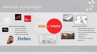 Vestel Factory: Vestel City
• Biggest and Largest Facility in Europe
• Featured in NatGeo Mega Factories
• Cap. of Manufacturing 30+ Mio Products
• 15 Million SqFt Area
• 16000 Workers
• 11 Factories in all-in-one campus
• Industry 4.0
Deep Expertise: Accessibility
• GSMA x2 first in the world
• MIT Under 35 Awards x2
• Conferences @UN CRDP x3
• +180 k users with Vision Mate
WeWALK Advantages
 