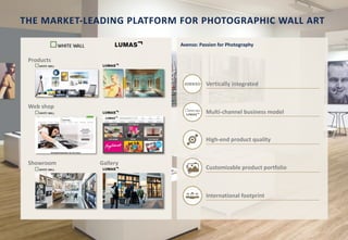2
Avenso: Passion for Photography
Vertically integrated
Multi-channel business model
High-end product quality
Customizable product portfolio
International footprint
TBD
Products
Online presence
GalleryShowroom
Web shop
THE MARKET-LEADING PLATFORM FOR PHOTOGRAPHIC WALL ART
 