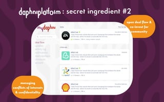 daphniplatform
open deal ﬂow &
co-invest for
community
: secret ingredient #2
managing
conﬂicts of interests
& conﬁdentiality
 
