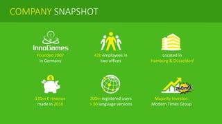 COMPANY SNAPSHOT
420 employees in
two offices
200m registered users
> 30 language versions
Located in
Hamburg & Düsseldorf
131m € revenue
made in 2016
Majority Investor:
Modern Times Group
Founded 2007
In Germany
 