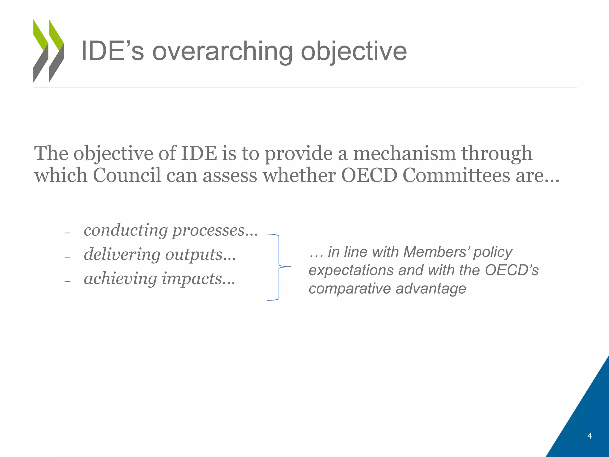 The objective of IDE is to provide a mechanism through
which Council can assess whether OECD Committees are…
– conducting processes…
– delivering outputs…
– achieving impacts…
4
IDE’s overarching objective
… in line with Members’ policy
expectations and with the OECD’s
comparative advantage
 