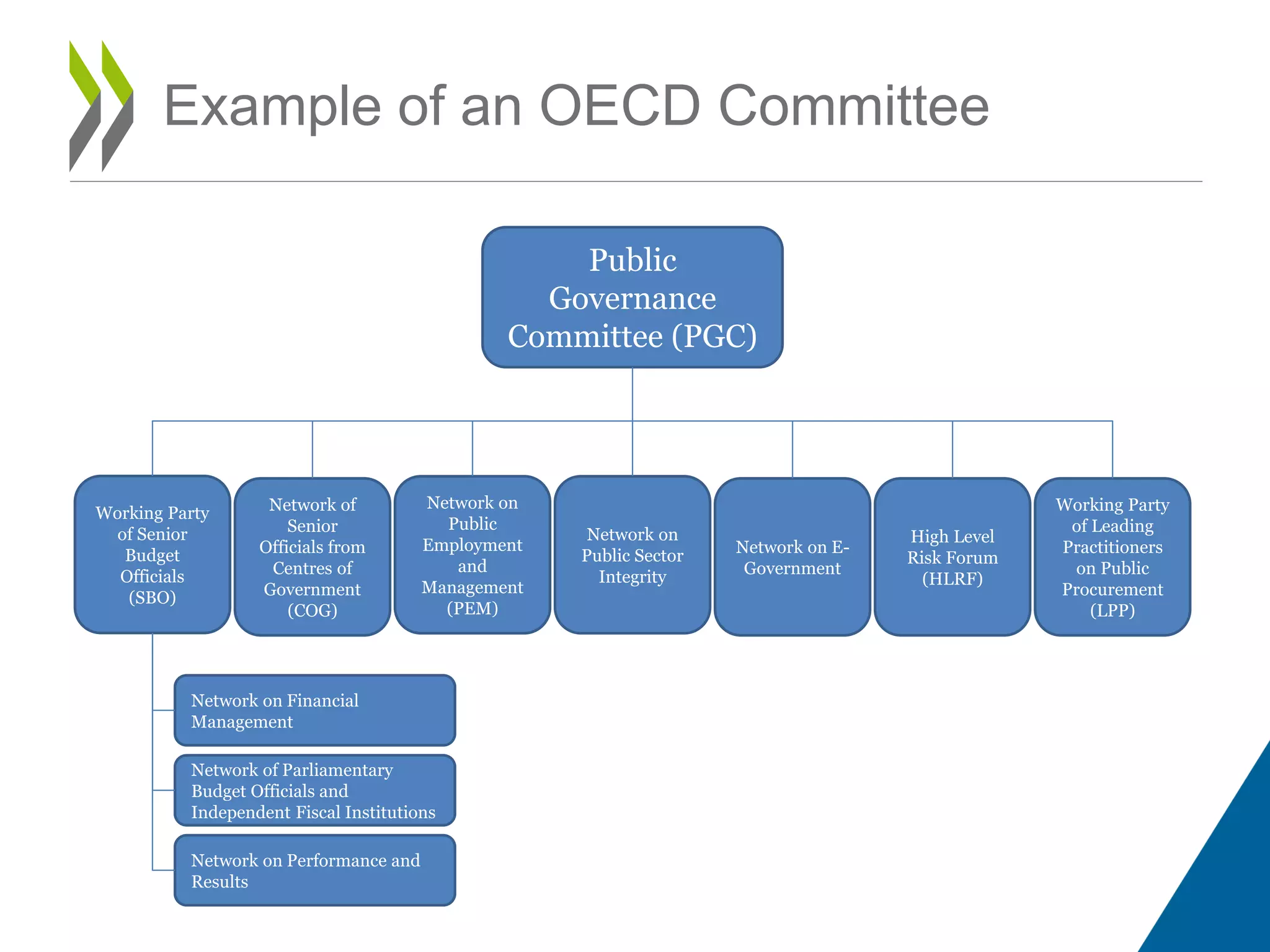 Example of an OECD Committee
Public
Governance
Committee (PGC)
Working Party
of Senior
Budget
Officials
(SBO)
Network on
Public
Employment
and
Management
(PEM)
Network on
Public Sector
Integrity
Network on E-
Government
High Level
Risk Forum
(HLRF)
Working Party
of Leading
Practitioners
on Public
Procurement
(LPP)
Network of
Senior
Officials from
Centres of
Government
(COG)
Network on Financial
Management
Network of Parliamentary
Budget Officials and
Independent Fiscal Institutions
Network on Performance and
Results
 