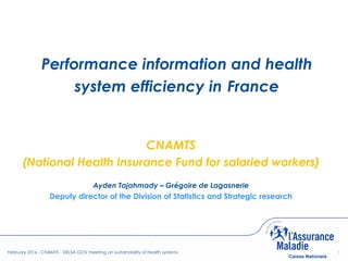 1February 2016 - CNAMTS - DELSA GOV meeting on sustainability of Health systems
Performance information and health
system efficiency in France
CNAMTS
(National Health Insurance Fund for salaried workers)
Ayden Tajahmady – Grégoire de Lagasnerie
Deputy director of the Division of Statistics and Strategic research
 