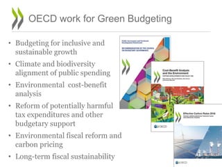 6
OECD work for Green Budgeting
• Budgeting for inclusive and
sustainable growth
• Climate and biodiversity
alignment of public spending
• Environmental cost-benefit
analysis
• Reform of potentially harmful
tax expenditures and other
budgetary support
• Environmental fiscal reform and
carbon pricing
• Long-term fiscal sustainability
 