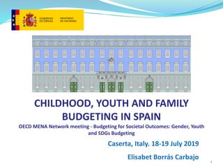 CHILDHOOD, YOUTH AND FAMILY
BUDGETING IN SPAIN
OECD MENA Network meeting - Budgeting for Societal Outcomes: Gender, Youth
and SDGs Budgeting
Caserta, Italy. 18-19 July 2019
Elisabet Borrás Carbajo 1
 