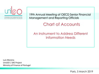 19th Annual Meeting of OECD Senior Financial
Management and Reporting Officials
Paris, 5 March 2019
Chart of Accounts
An Instrument to Address Different
Information Needs
Luís Moreira
UniLEO | SAE Project
Ministry of Finance of Portugal
 