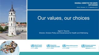 Our values, our choices
Agis D. Tsouros
Director, Division Policy and Governance for Health and Well-being
 