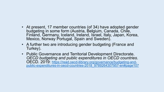• At present, 17 member countries (of 34) have adopted gender
budgeting in some form (Austria, Belgium, Canada, Chile,
Finland, Germany, Iceland, Ireland, Israel, Italy, Japan, Korea,
Mexico, Norway Portugal, Spain and Sweden).
• A further two are introducing gender budgeting (France and
Turkey).
• Public Governance and Territorial Development Directorate.
OECD budgeting and public expenditures in OECD countries.
OECD. 2019: https://read.oecd-ilibrary.org/governance/budgeting-and-
public-expenditures-in-oecd-countries-2018_9789264307957-en#page107
 