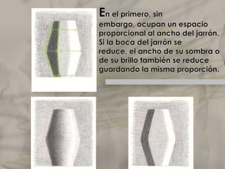 En el primero, sin embargo, ocupan un espacio proporcional al ancho del jarrón. Si la boca del jarrón se reduce, el ancho de su sombra o de su brillo también se reduce guardando la misma proporción.1/32/31/32/32/31/3Elclaroscuro