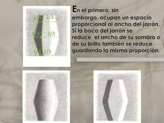 En el primero, sin embargo, ocupan un espacio proporcional al ancho del jarrón. Si la boca del jarrón se reduce, el ancho de su sombra o de su brillo también se reduce guardando la misma proporción.Elclaroscuro