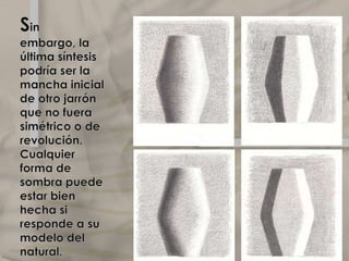 Sin embargo, la última síntesis podría ser la mancha inicial de otro jarrón que no fuera simétrico o de revolución. Cualquier forma de sombra puede estar bien hecha si responde a su modelo del natural.Elclaroscuro