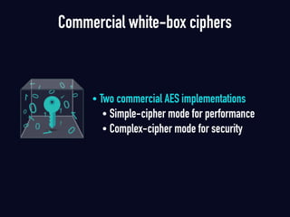 • Two commercial AES implementations
• Simple-cipher mode for performance
• Complex-cipher mode for security
Commercial white-box ciphers
 