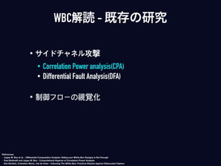 • サイドチャネル攻撃
• Correlation Power analysis(CPA)
• Differential Fault Analysis(DFA)
• 制御フローの視覚化
WBC解読 - 既存の研究
References
- Joppe W. Bos et al. - Diﬀerential Computation Analysis: Hiding your White-Box Designs is Not Enough
- Paul Bottinelli and Joppe W. Bos - Computational Aspects of Correlation Power Analysis
- Eloi Sanfelix, Cristofaro Mune, Job de Haas - Unboxing The White-Box: Practical Attacks Against Obfuscated Ciphers
 