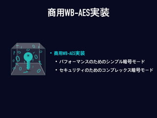 • 商用WB-AES実装
• パフォーマンスのためのシンプル暗号モード
• セキュリティのためのコンプレックス暗号モード
商用WB-AES実装
 