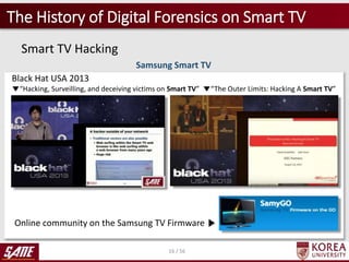 16 / 56
The History of Digital Forensics on Smart TV
Smart TV Hacking
Black Hat USA 2013
▼“Hacking, Surveilling, and decei...